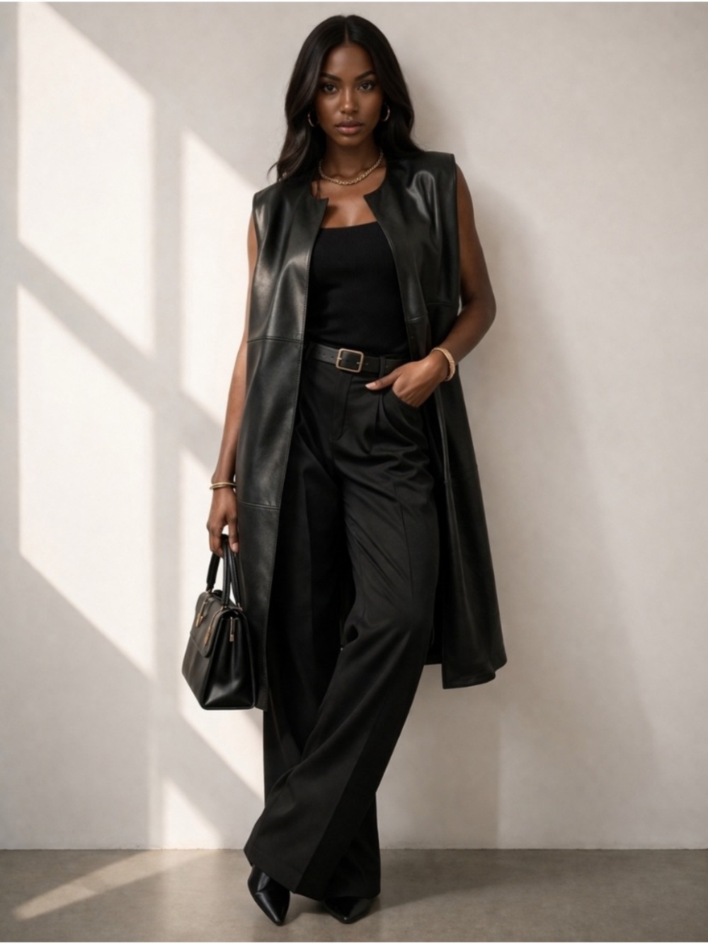 Bagatelle Collection NY Sleeveless Faux Leather Long Vest - Black